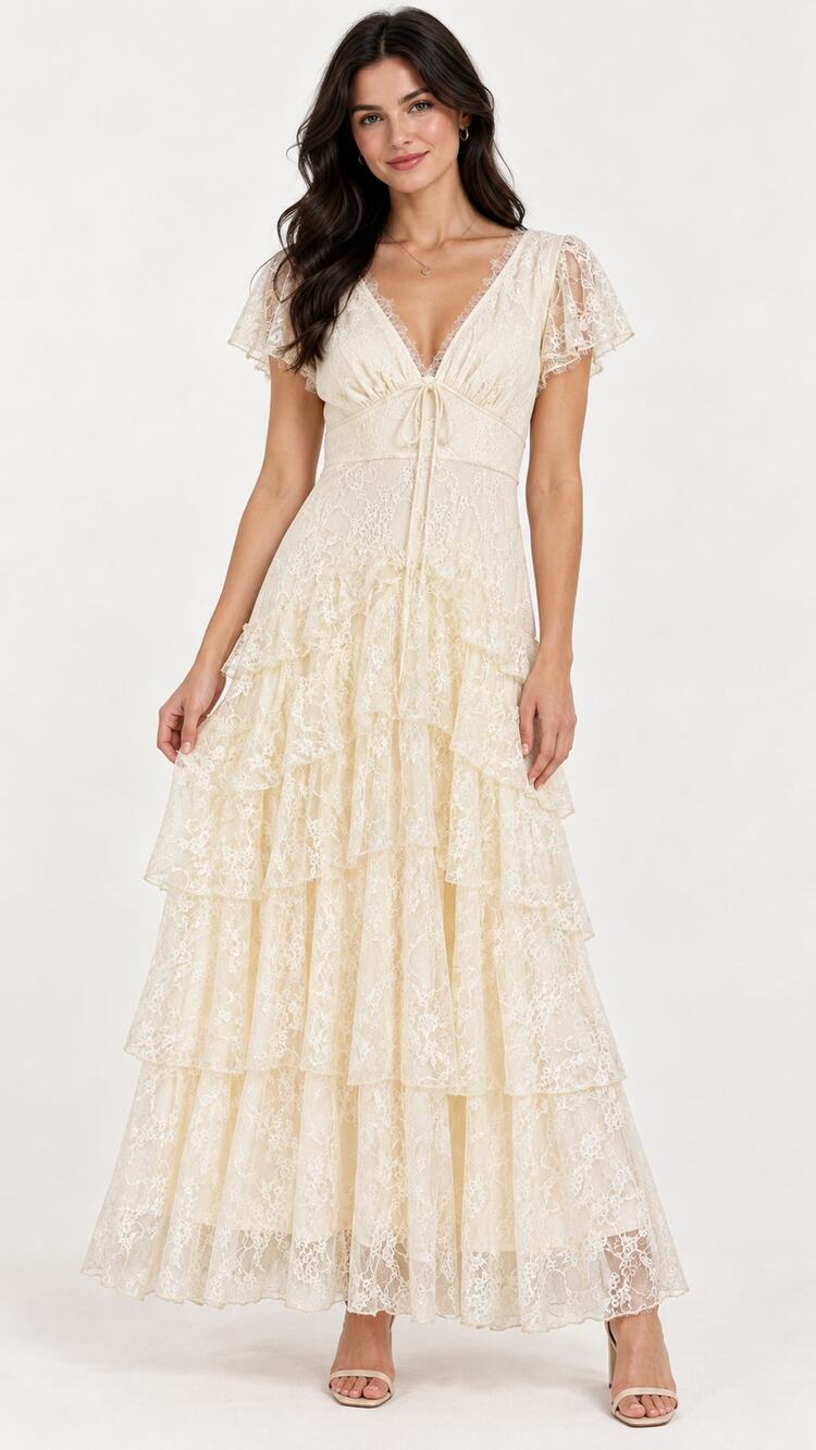 Baevely Lace Tiered Maxi Dress Ivory Womens Size Small New Cottage Bohemian